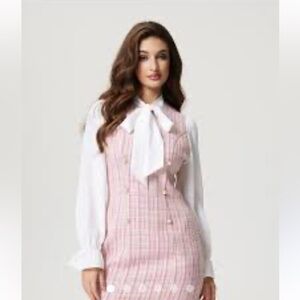 Pink Plaid Barbie Mini Y2k Dress with White Bow Pearl Button Back Zip